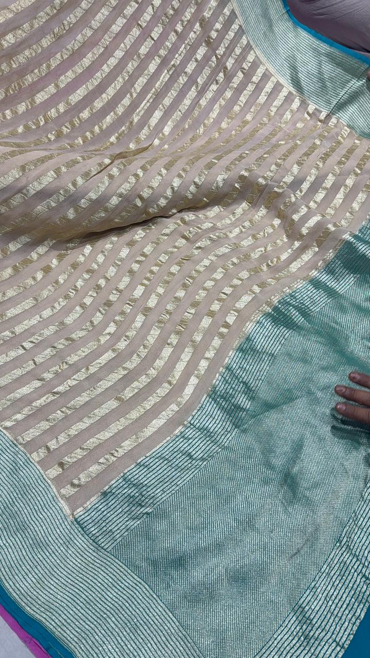 Off white vertical stripes on banarasi georgette Silk saree with turquoise zari border and Pallu | SILK MARK CERTIFIED