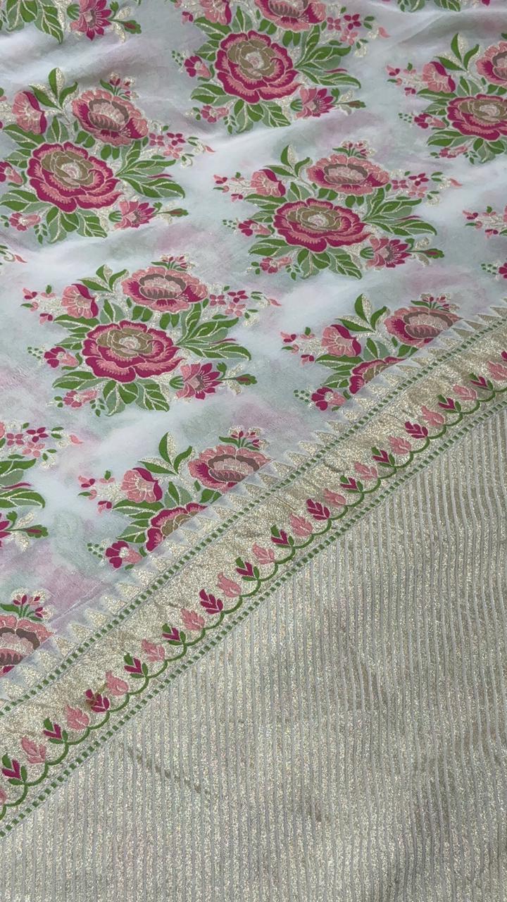 White Pure Banarasi geogrette silk saree with Meenakari Rose Buttas and zari border | SILK MARK CERTIFIED