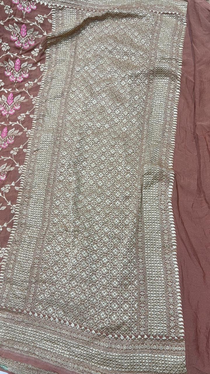 Authentic Sandstone Banarasi Silk Georgette Saree with Meenakari Trellis Floral Jaal and Zari Border | SILK MARK CERTIFIED