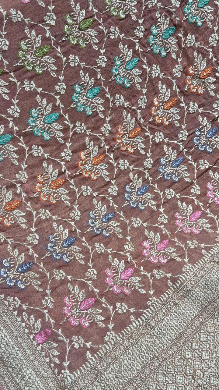Authentic Sandstone Banarasi Silk Georgette Saree with Meenakari Trellis Floral Jaal and Zari Border | SILK MARK CERTIFIED