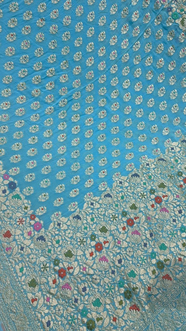 Authentic Turquoise Meenakari Work on Banarasi Silk Georgette Saree with Floral Buttas and 2 Side Equal Ornate Skirt Border | SILK MARK CERTIFIED