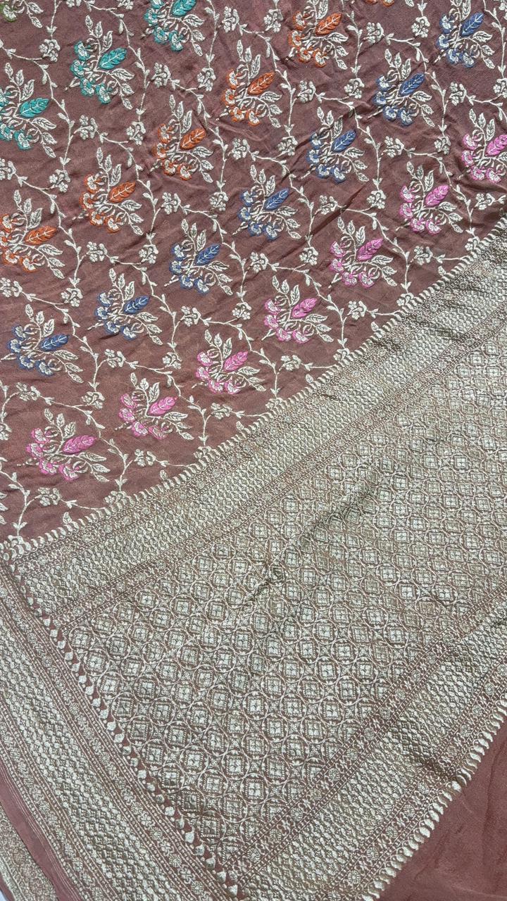 Authentic Sandstone Banarasi Silk Georgette Saree with Meenakari Trellis Floral Jaal and Zari Border | SILK MARK CERTIFIED