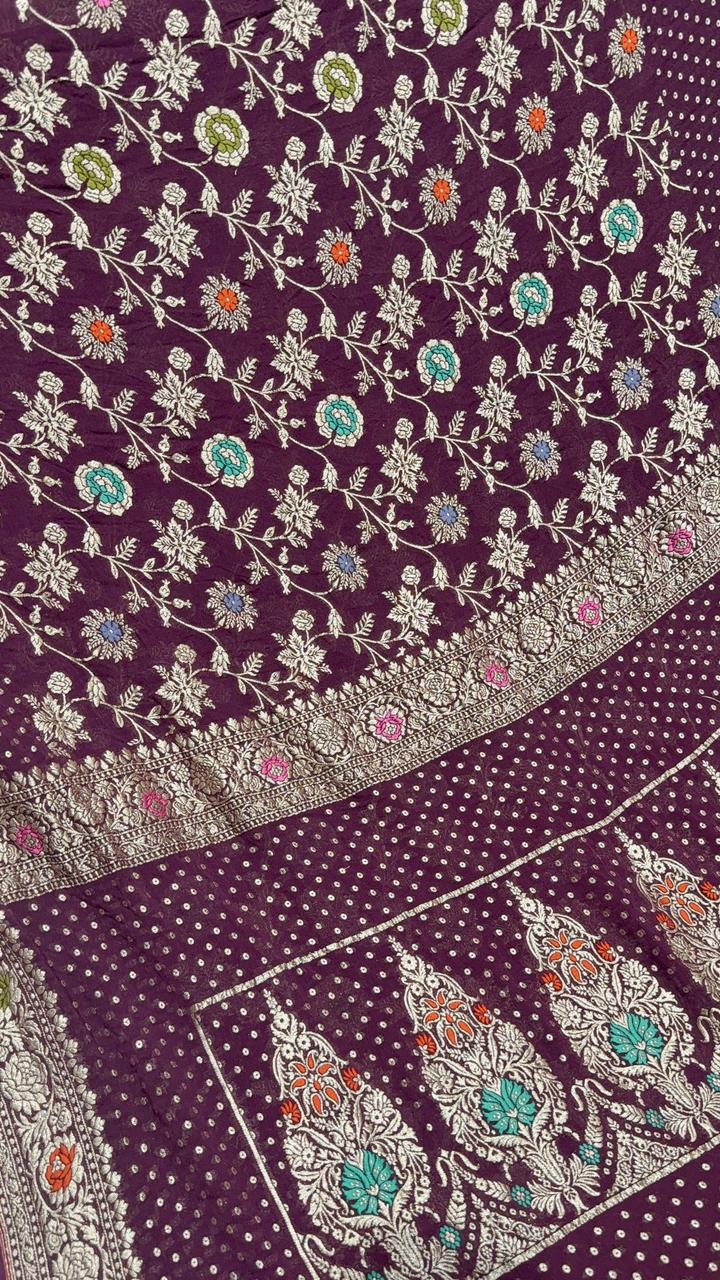Authentic Plum Meenakari Work on Banarasi Silk Georgette Saree with Floral Jaal and Zari Dot Pallu | SILK MARK CERTIFIED