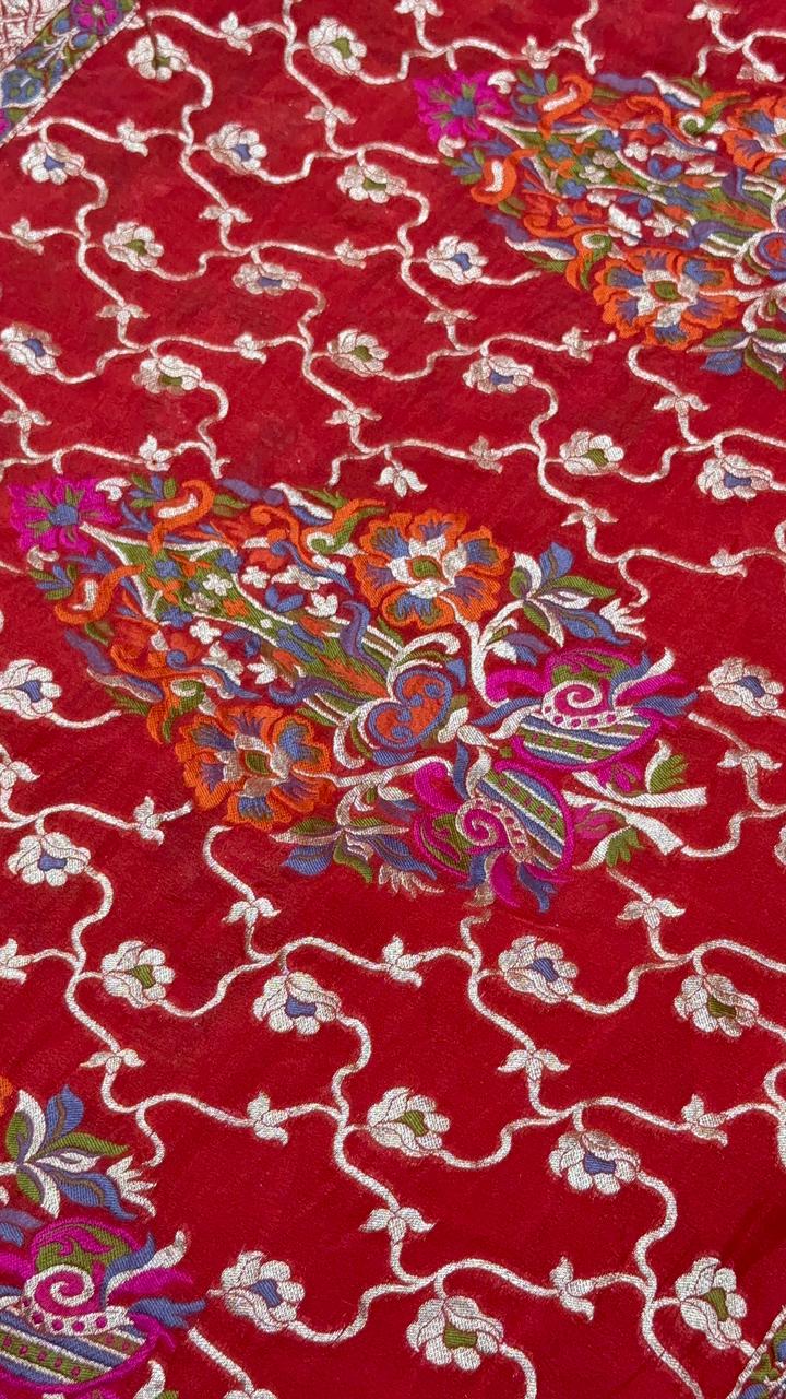 Authentic Deep Red Meenakari Detailing on Banarasi Silk Georgette Saree with Floral Buttas and Zari Border | SILK MARK CERTIFIED