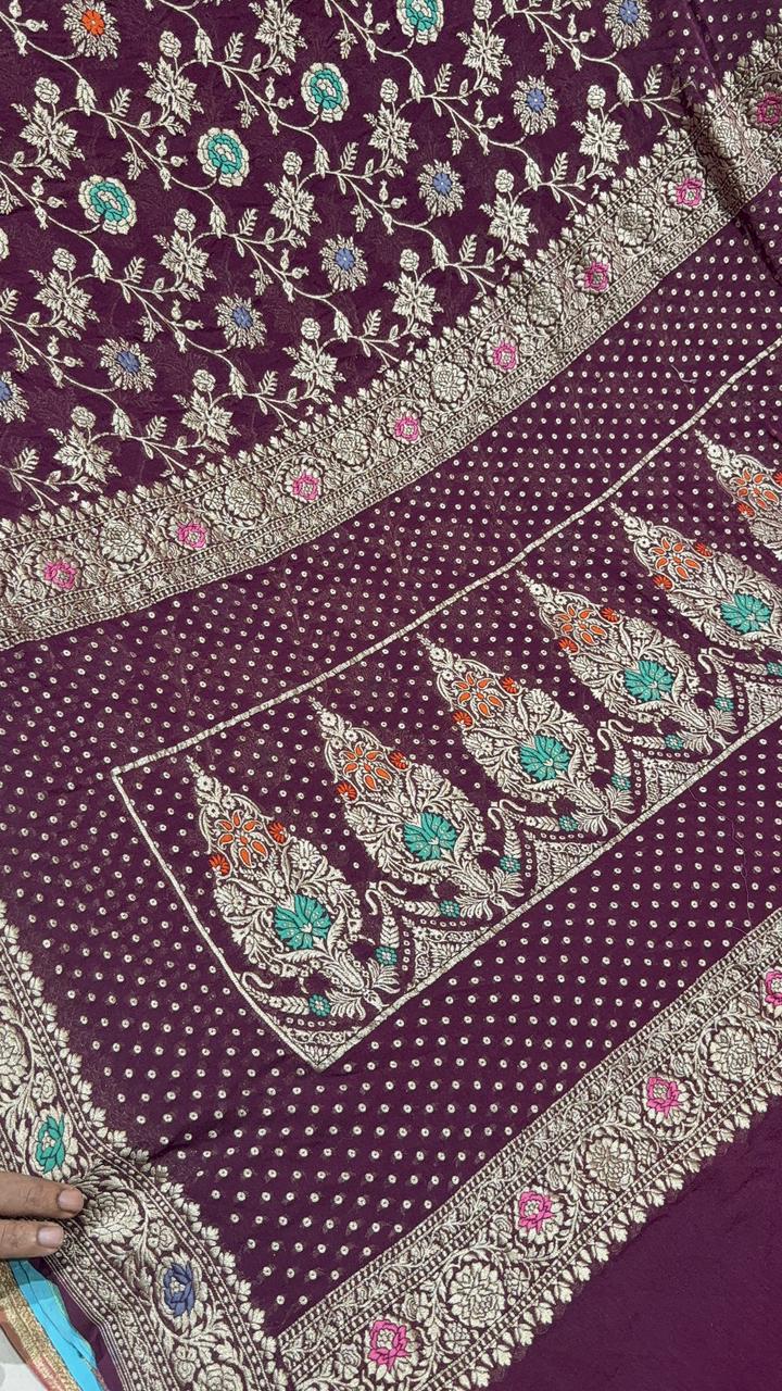 Authentic Plum Meenakari Work on Banarasi Silk Georgette Saree with Floral Jaal and Zari Dot Pallu | SILK MARK CERTIFIED