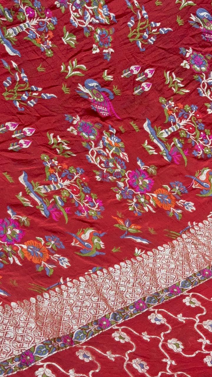 Authentic Deep Red Meenakari Detailing on Banarasi Silk Georgette Saree with Floral Buttas and Zari Border | SILK MARK CERTIFIED