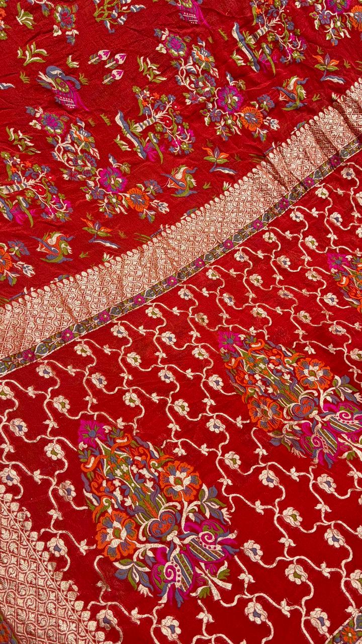 Authentic Deep Red Meenakari Detailing on Banarasi Silk Georgette Saree with Floral Buttas and Zari Border | SILK MARK CERTIFIED