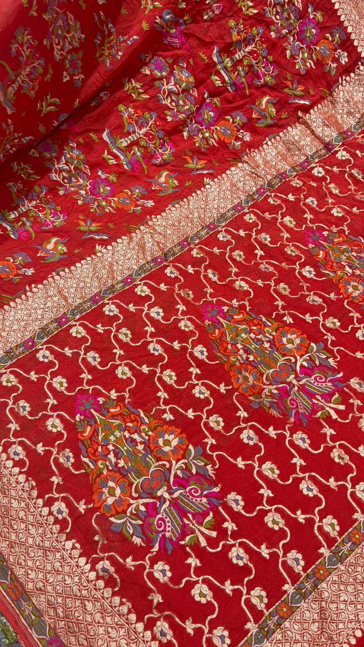 Authentic Deep Red Meenakari Detailing on Banarasi Silk Georgette Saree with Floral Buttas and Zari Border | SILK MARK CERTIFIED