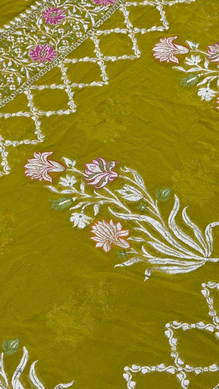 Authentic Moss Green Banarasi Silk Georgette Saree with Persian Inspired Floral Buttas and Meenakari Ornate Border | SILK MARK CERTIFIED