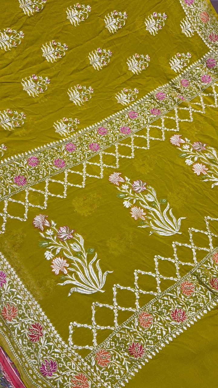 Authentic Moss Green Banarasi Silk Georgette Saree with Persian Inspired Floral Buttas and Meenakari Ornate Border | SILK MARK CERTIFIED