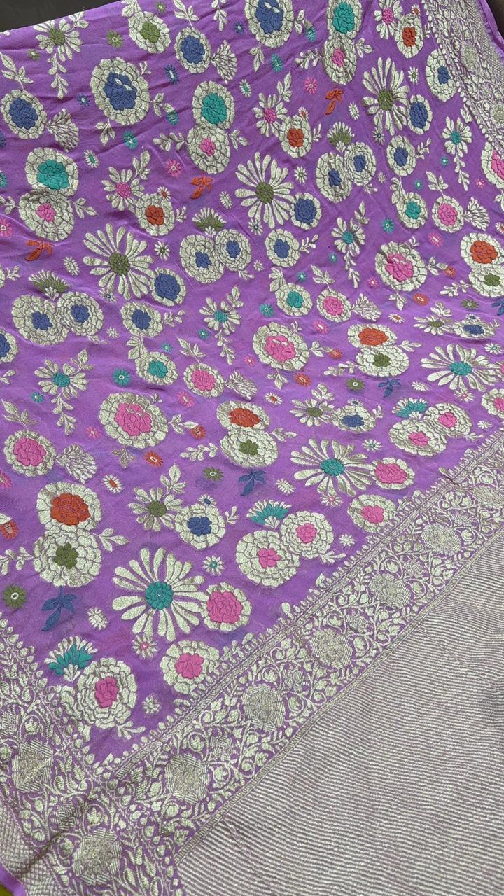 Authentic Lilac Banarasi Silk Georgette Saree with Meenakari Floral Brocade and Ornate Persian Design Border-Pallu | SILK MARK CERTIFIED