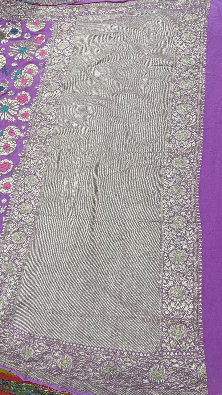 Authentic Lilac Banarasi Silk Georgette Saree with Meenakari Floral Brocade and Ornate Persian Design Border-Pallu | SILK MARK CERTIFIED