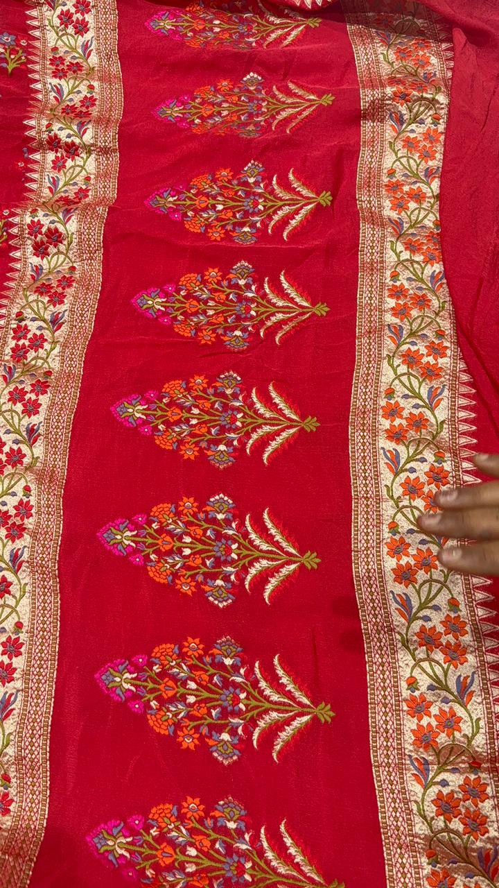 Authentic Blood Red Banarasi Silk Georgette Saree with Meenakari Floral Buttas and Paithani Style Border | SILK MARK CERTIFIED