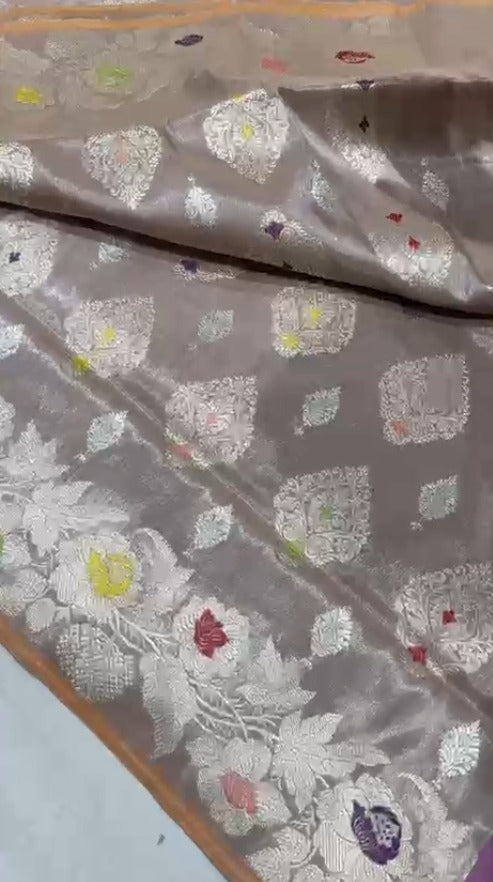 Dusty sandstone Banarasi Tissue Silk Saree with Kadhuwa Meenakari weave Butta and Border | SILK MARK CERTIFIED