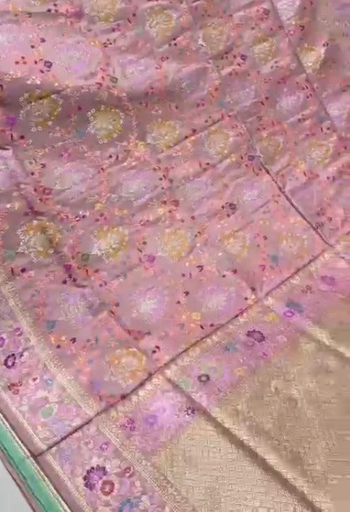 Pastel Hued Banarasi Tissue Silk Saree with Kadhuwa Floral Meenakari Jungla weave with Framed Border | SILK MARK CERTIFIED
