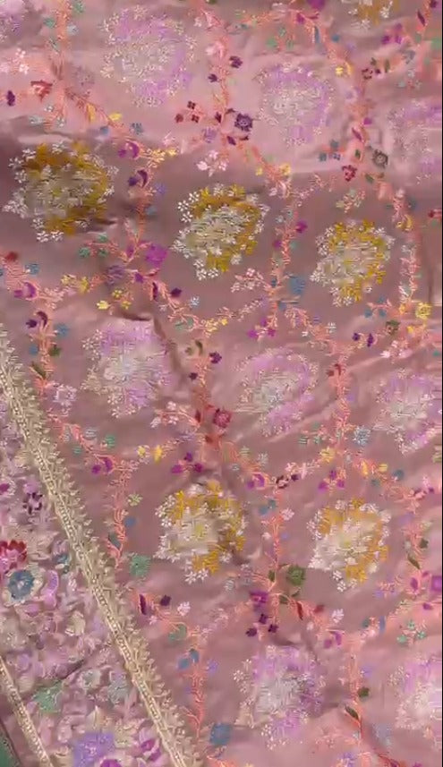 Pastel Hued Banarasi Tissue Silk Saree with Kadhuwa Floral Meenakari Jungla weave with Framed Border | SILK MARK CERTIFIED