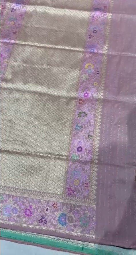 Pastel Hued Banarasi Tissue Silk Saree with Kadhuwa Floral Meenakari Jungla weave with Framed Border | SILK MARK CERTIFIED