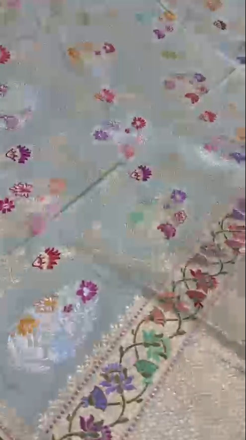 Mint Green Banarasi Silk Saree with Kadhuwa Sona Rupa Jungla weave and Meenakari Butta and Framed Border | SILK MARK CERTIFIED