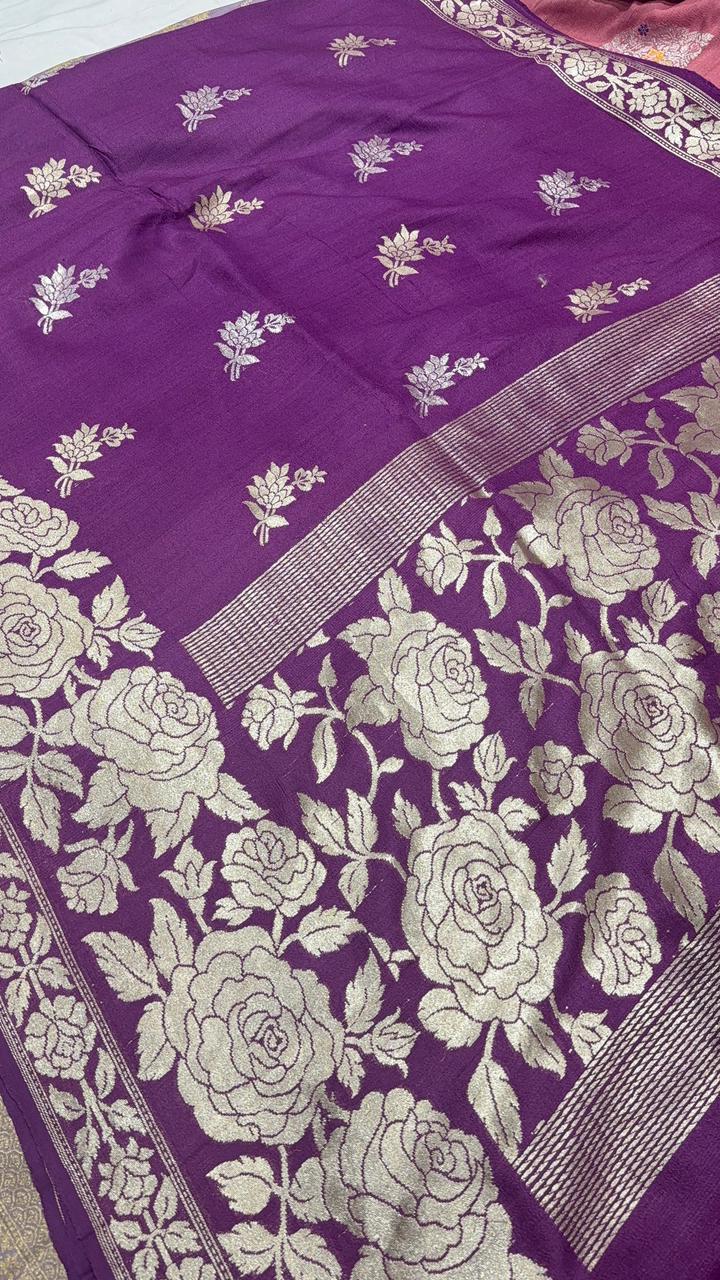 Purple Floral Design on Banarasi  Tussar Georgette Saree with Zari Buttas and Zari Border | SILK MARK CERTIFIED