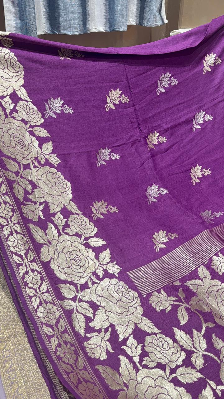 Purple Floral Design on Banarasi  Tussar Georgette Saree with Zari Buttas and Zari Border | SILK MARK CERTIFIED