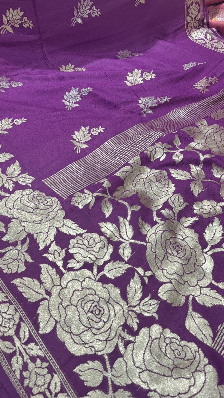Purple Floral Design on Banarasi  Tussar Georgette Saree with Zari Buttas and Zari Border | SILK MARK CERTIFIED