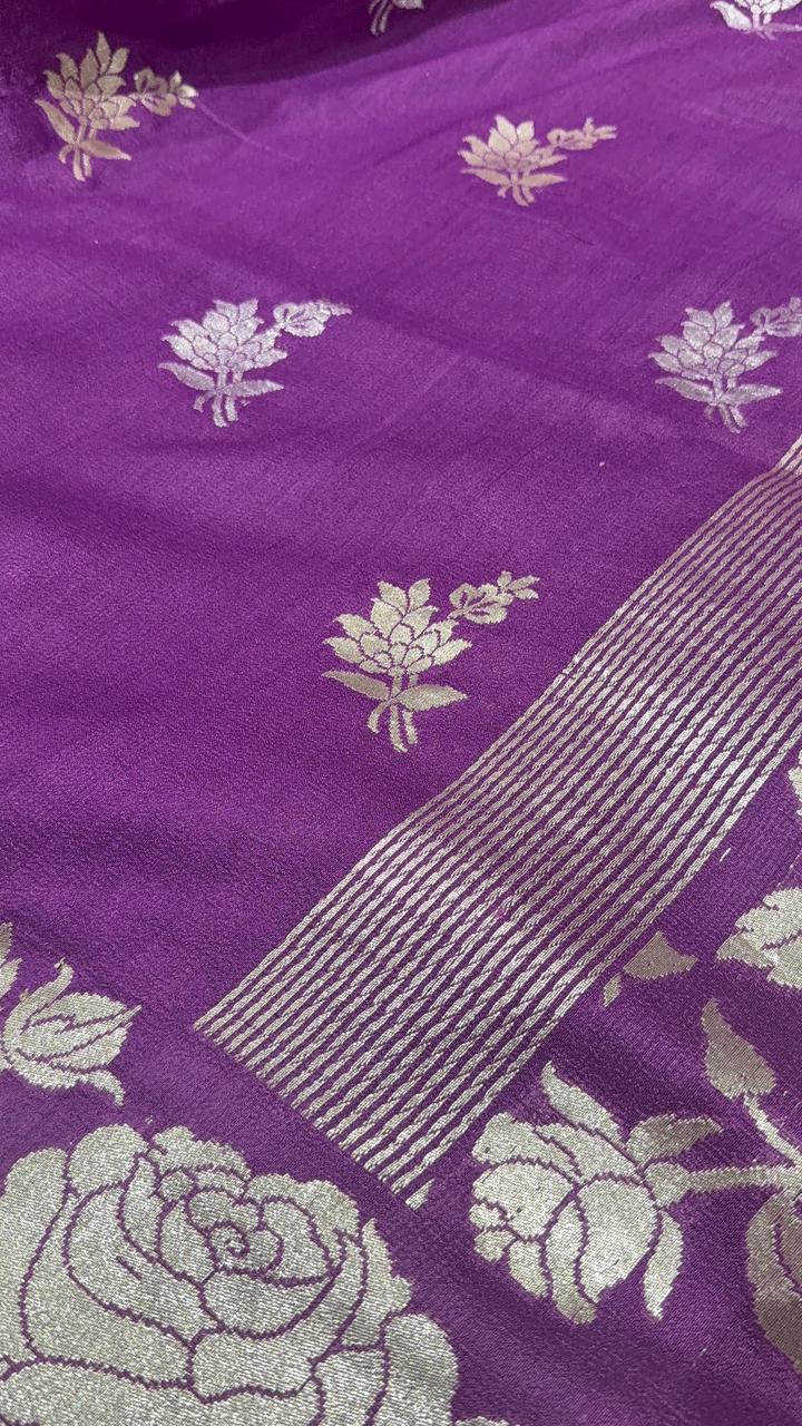 Purple Floral Design on Banarasi  Tussar Georgette Saree with Zari Buttas and Zari Border | SILK MARK CERTIFIED