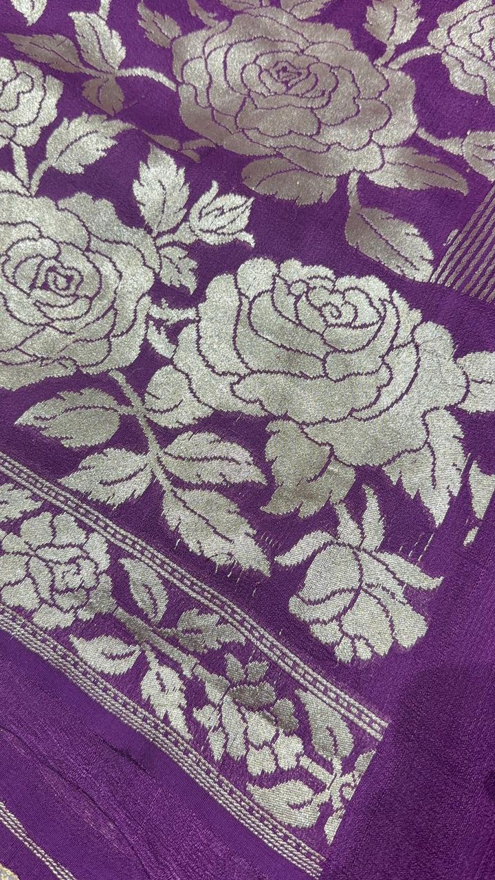 Purple Floral Design on Banarasi  Tussar Georgette Saree with Zari Buttas and Zari Border | SILK MARK CERTIFIED