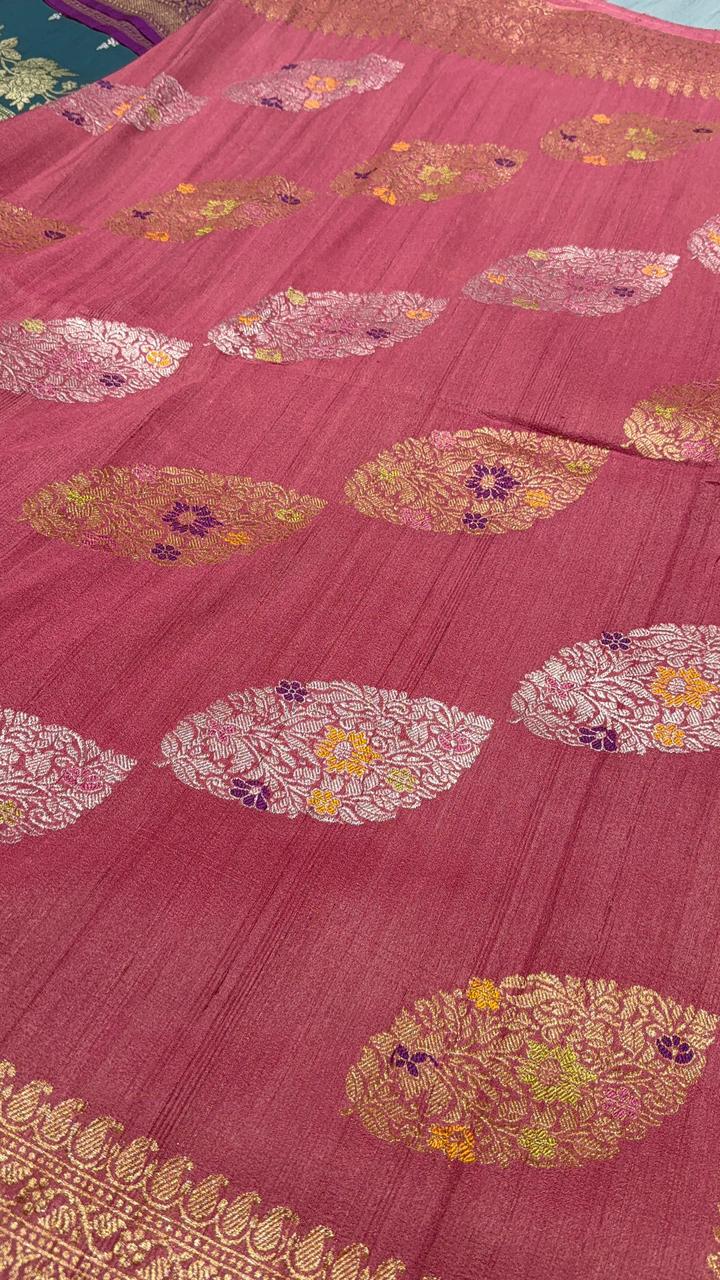 Dusty Carnation pink Banarasi Tussar Georgette Saree with Kaduwa weave Meenakari Buttas  and Zari Border | SILK MARK CERTIFIED