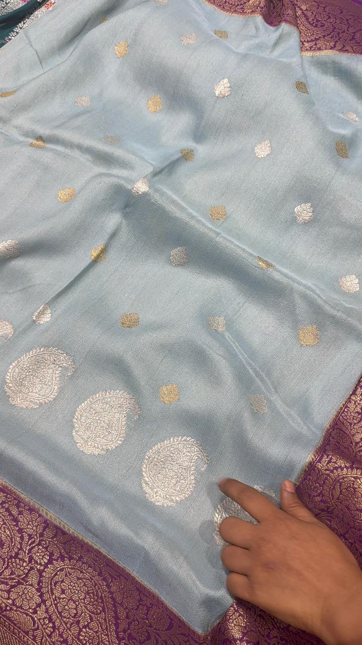 Heather Blue Banarasi Tussar Georgette Saree with Sona Rupa Buttas and Paisley Purple Zari Border| SILK MARK CERTIFIED
