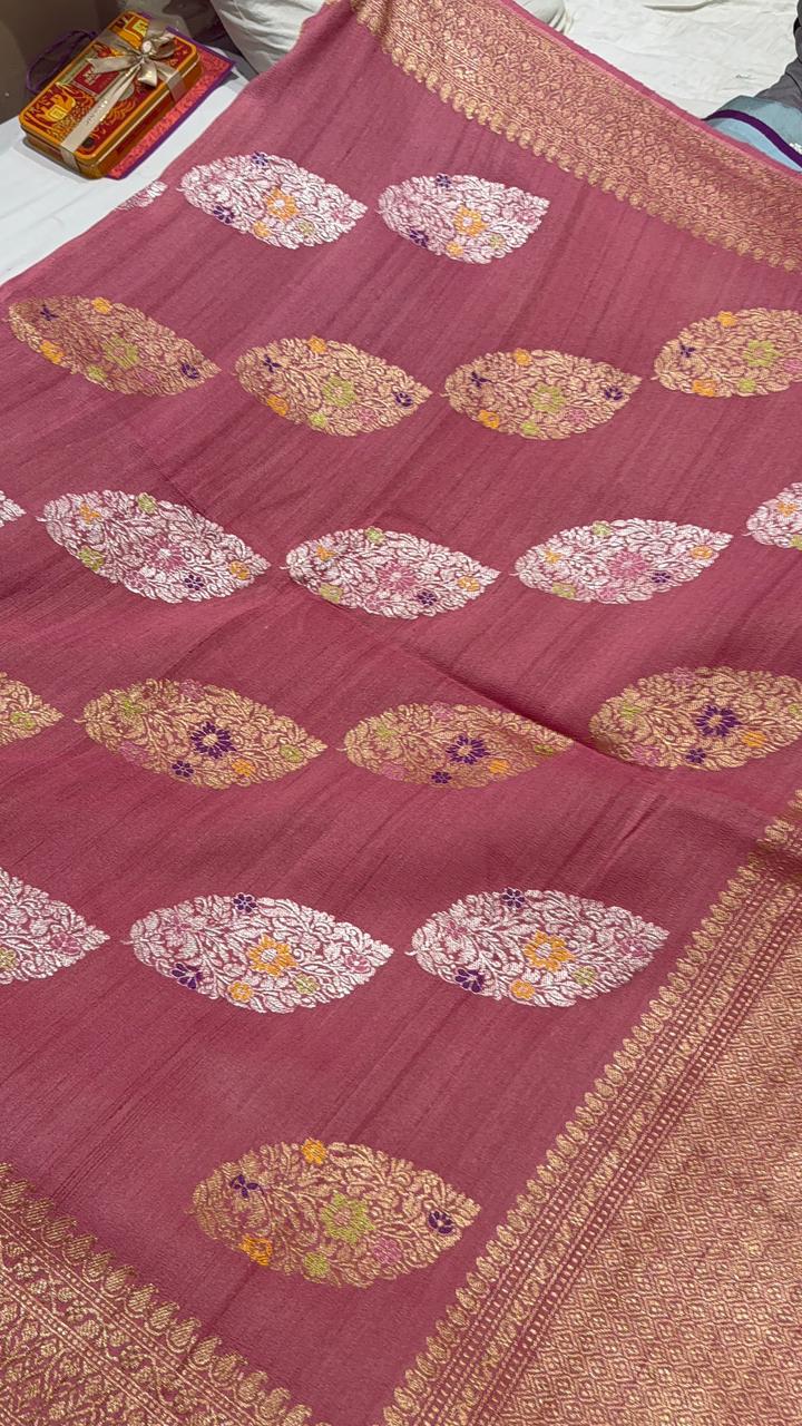 Dusty Carnation pink Banarasi Tussar Georgette Saree with Kaduwa weave Meenakari Buttas  and Zari Border | SILK MARK CERTIFIED