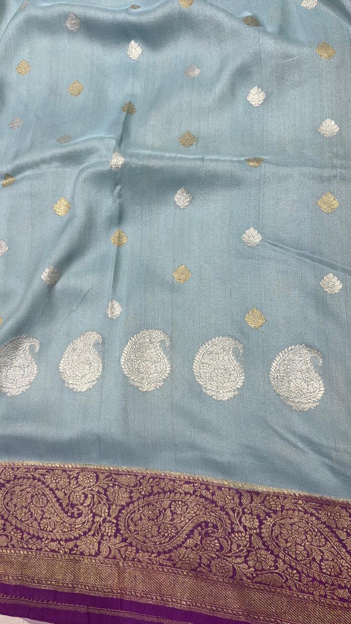 Heather Blue Banarasi Tussar Georgette Saree with Sona Rupa Buttas and Paisley Purple Zari Border| SILK MARK CERTIFIED