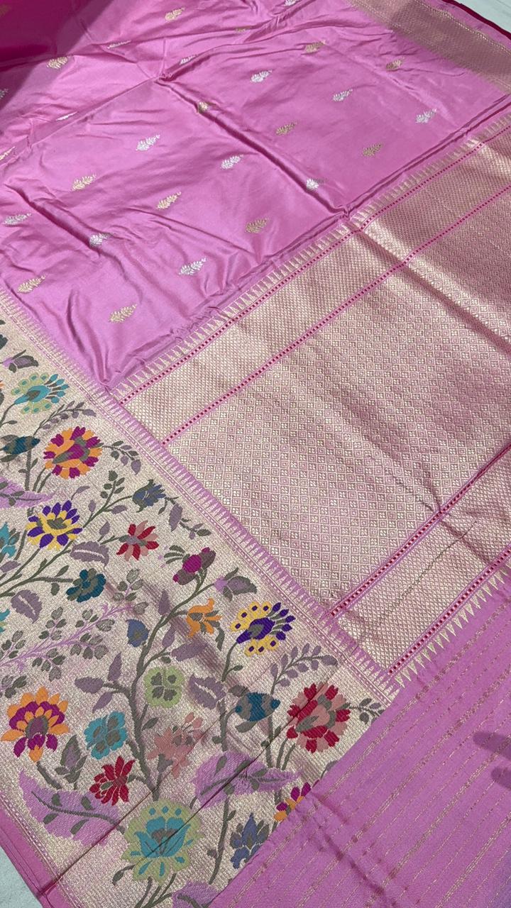 Carnation Pink Pure Banarasi Silk Saree with Floral Gold-Silver Zari  Buttas and Paithani Style Tissue Meenakari  Floral Border| SILK MARK CERTIFIED