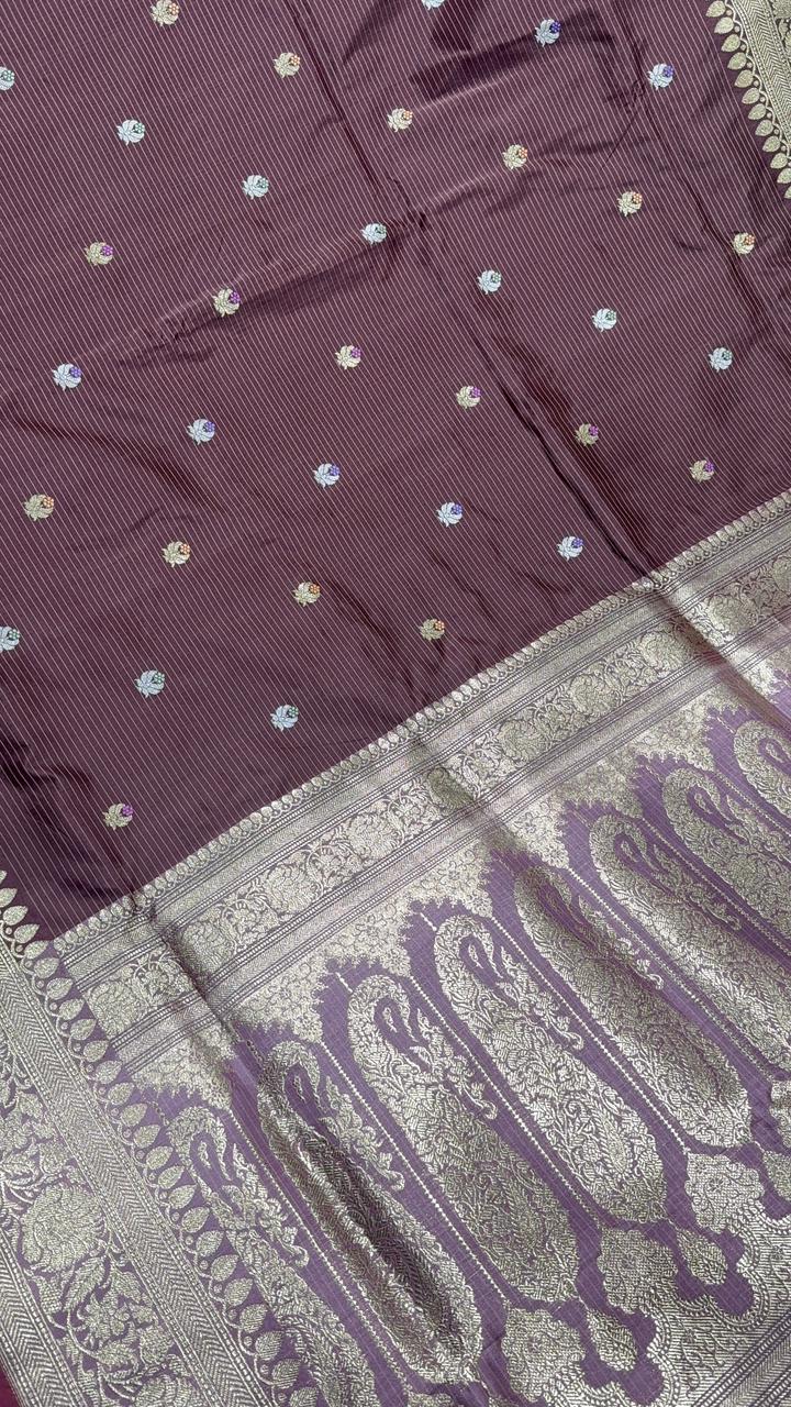 Dusty Brown Pure Banarasi Silk Saree with Floral Meenakari  Buttas and Ornate Zari Border | SILK MARK CERTIFIED
