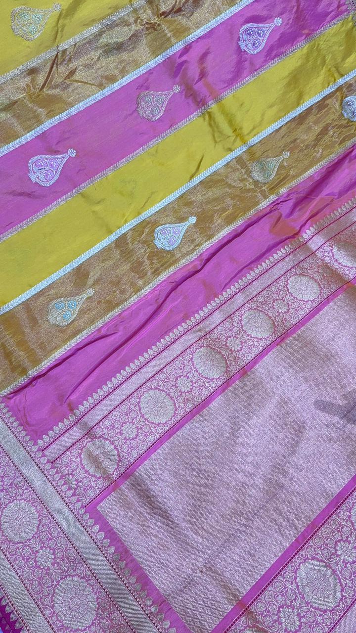 Pink-Tissue-Yellow Rangkaat Design on Pure Banarasi Tissue Silk Saree with  Meenakari Buttas Zari and Zari Border | SILK MARK CERTIFIED