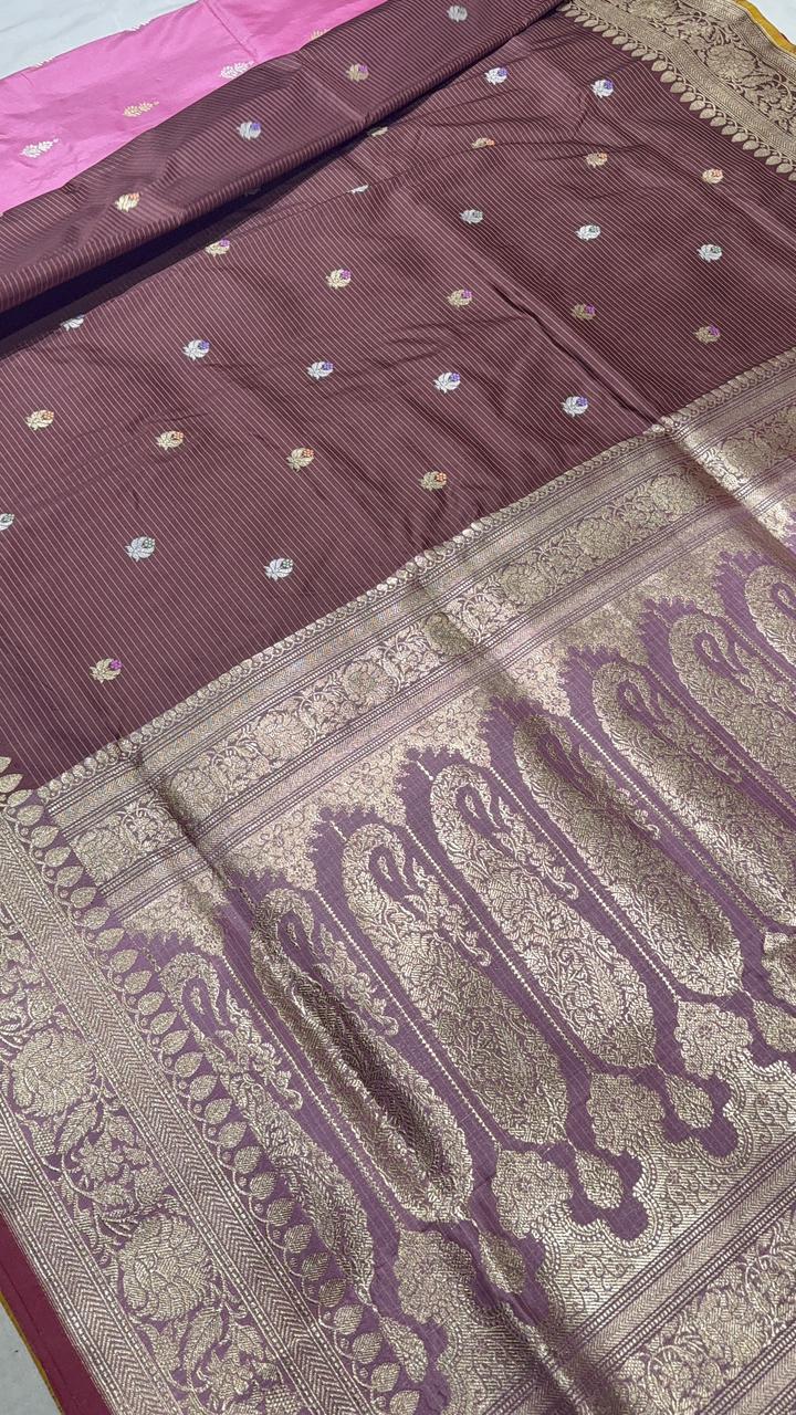 Dusty Brown Pure Banarasi Silk Saree with Floral Meenakari  Buttas and Ornate Zari Border | SILK MARK CERTIFIED