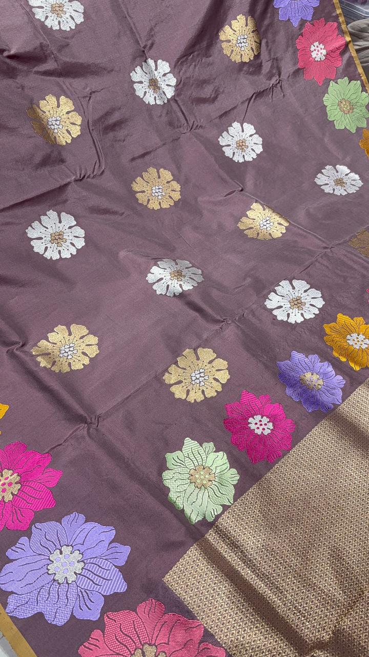 Brown-Purple Banarasi Katan Silk Saree with Meenakari Floral and Zari Border | SILK MARK CERTIFIED