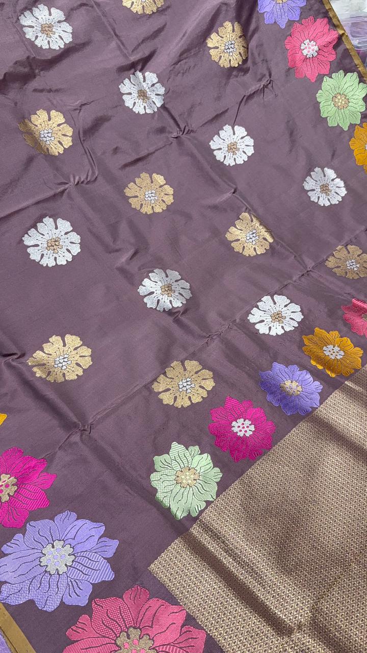 Brown-Purple Banarasi Katan Silk Saree with Meenakari Floral and Zari Border | SILK MARK CERTIFIED
