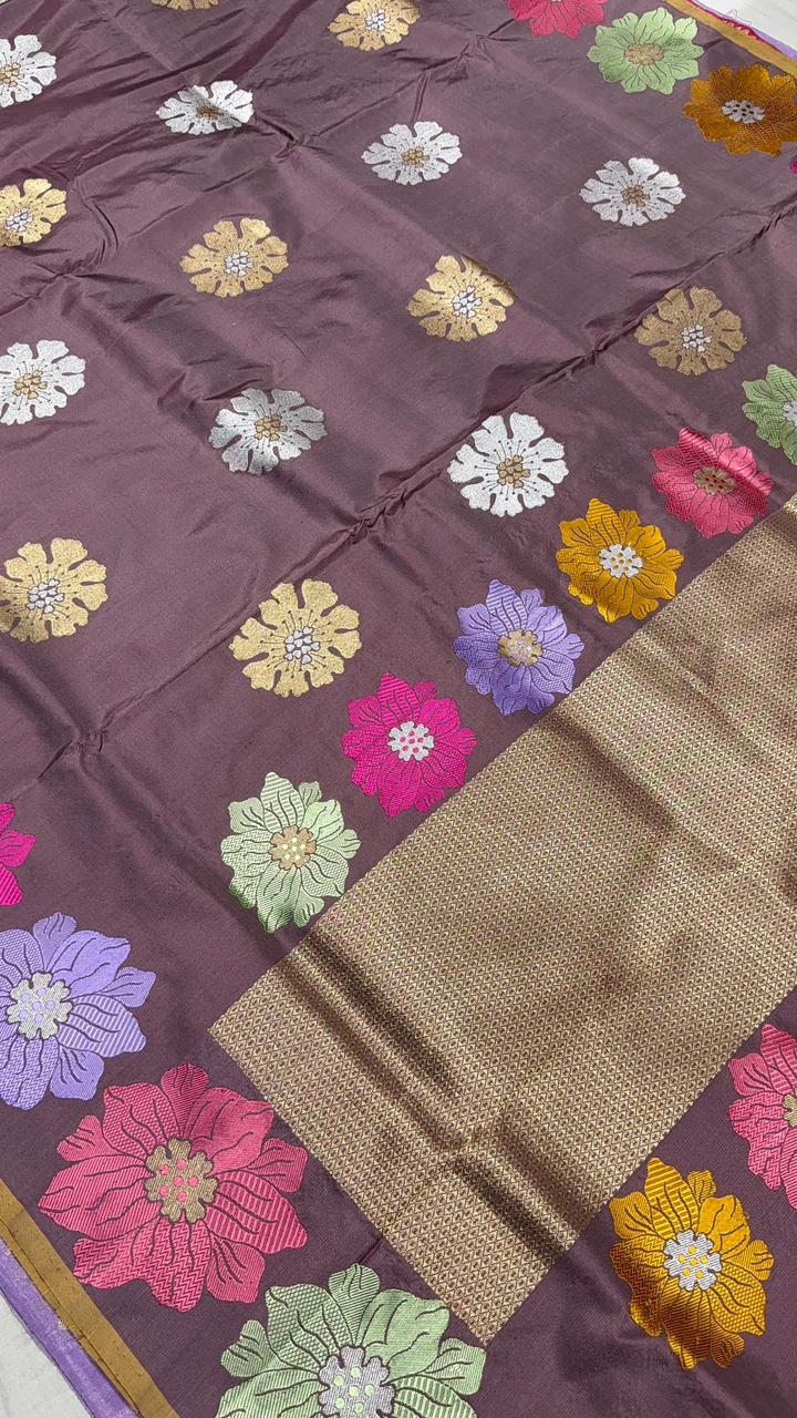 Brown-Purple Banarasi Katan Silk Saree with Meenakari Floral and Zari Border | SILK MARK CERTIFIED
