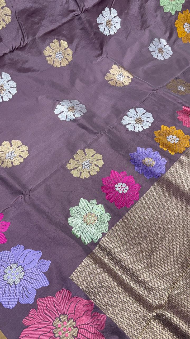 Brown-Purple Banarasi Katan Silk Saree with Meenakari Floral and Zari Border | SILK MARK CERTIFIED