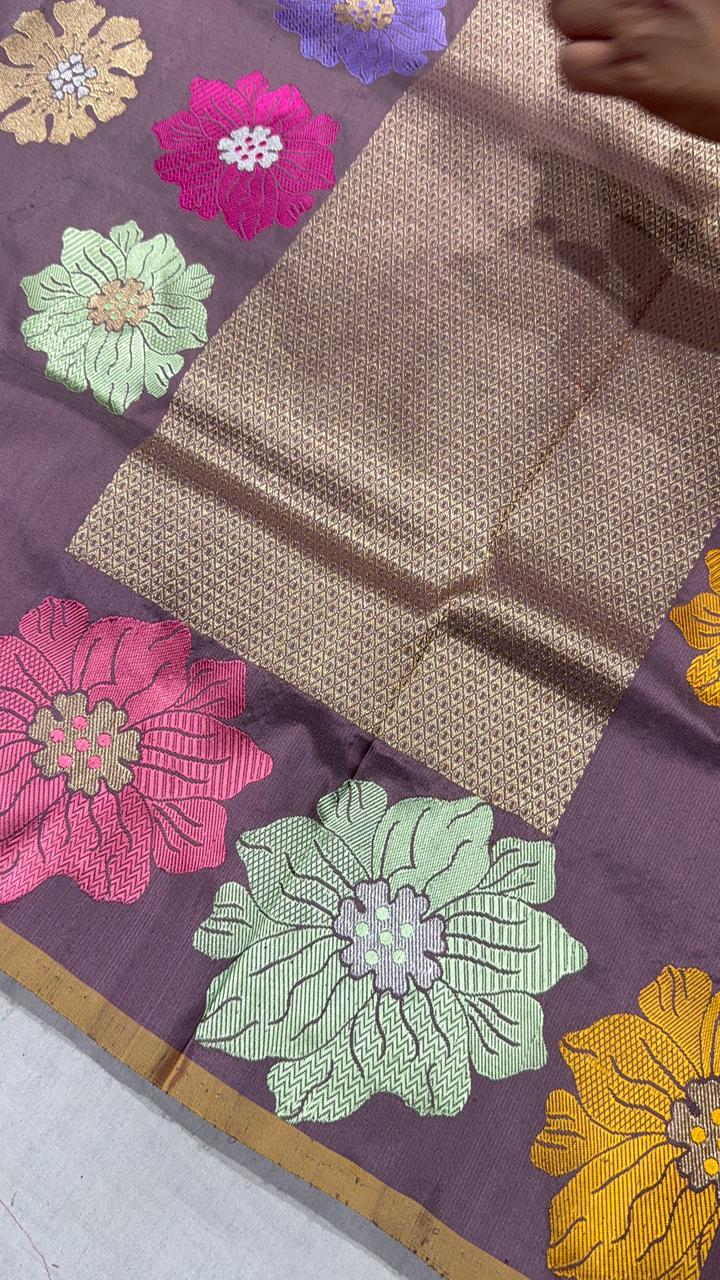 Brown-Purple Banarasi Katan Silk Saree with Meenakari Floral and Zari Border | SILK MARK CERTIFIED