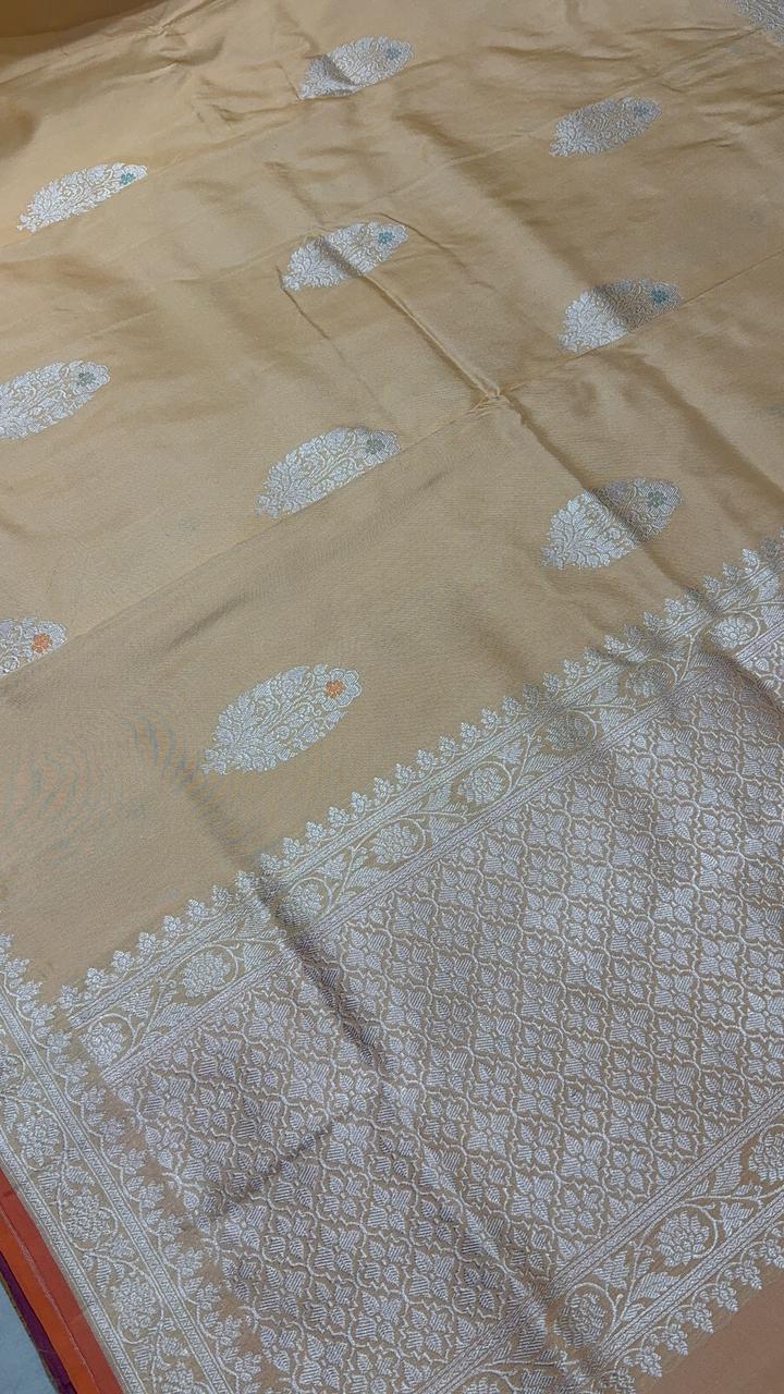 Frost Peach Pure Banarasi Silk Saree with Meenakari Buttas in Silver Zari and Zari Border | SILK MARK CERTIFIED