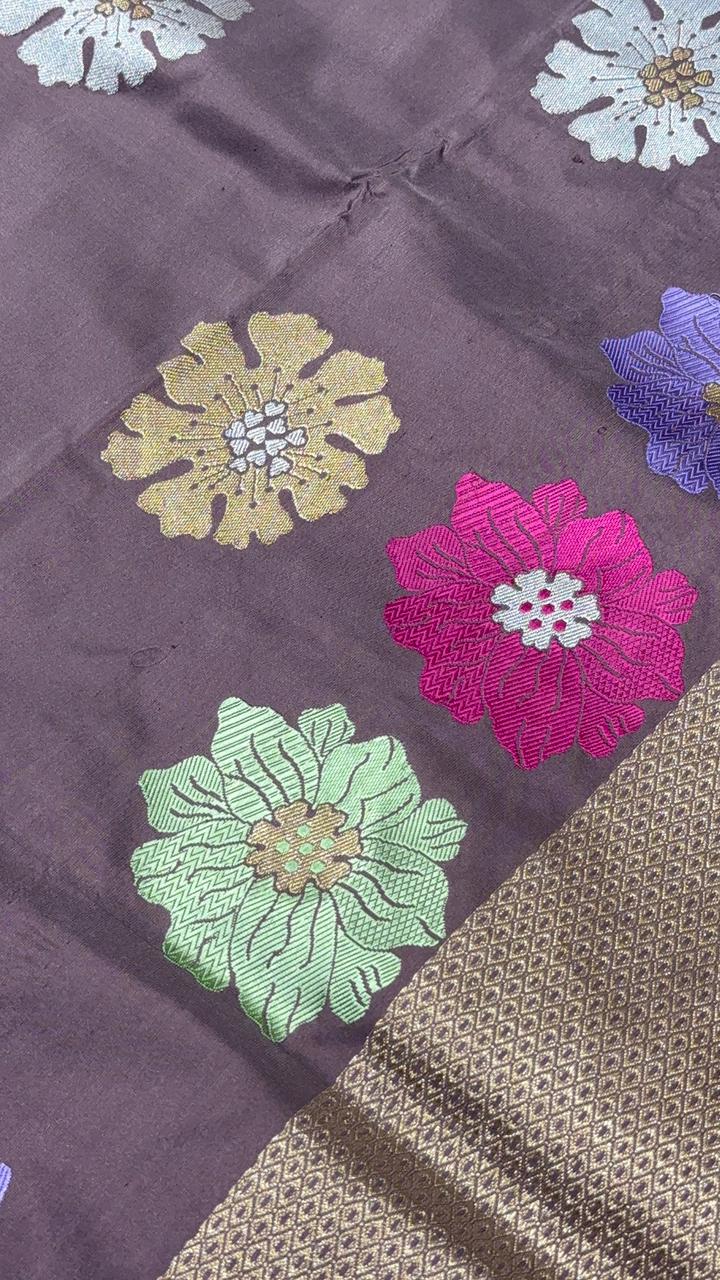 Brown-Purple Banarasi Katan Silk Saree with Meenakari Floral and Zari Border | SILK MARK CERTIFIED