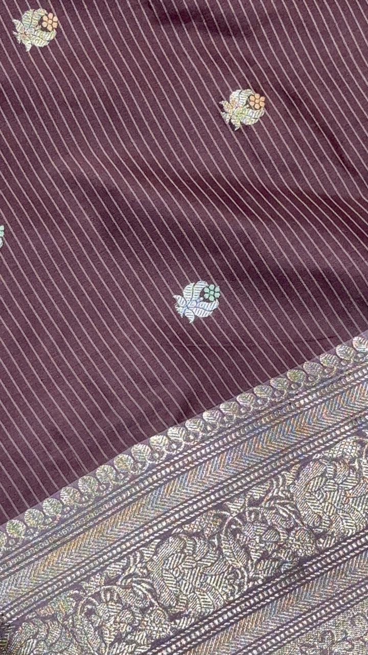 Dusty Brown Pure Banarasi Silk Saree with Floral Meenakari  Buttas and Ornate Zari Border | SILK MARK CERTIFIED