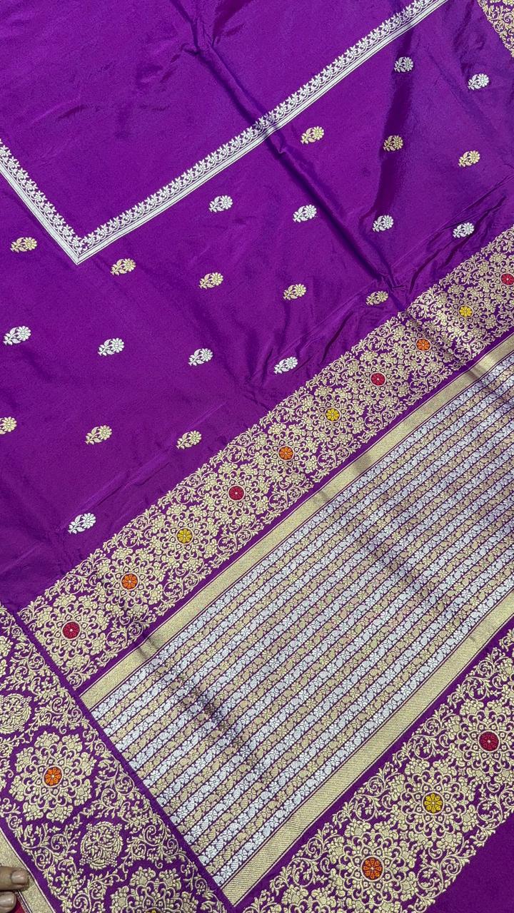 Purple-Red Dual Tone Pure Banarasi Silk Saree with Floral Sona Rupa Buttas on Bottom and Kaduwa Meenakari  Border| SILK MARK CERTIFIED
