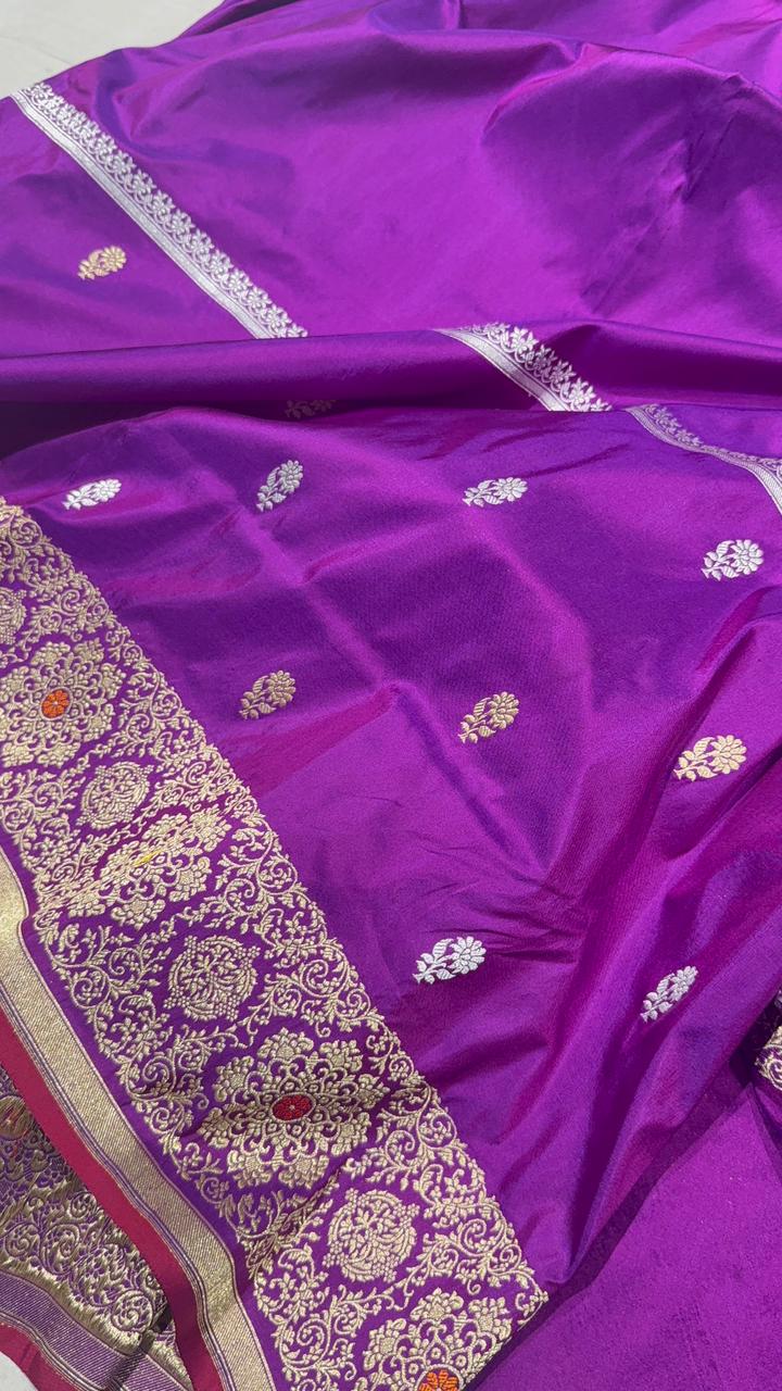 Purple-Red Dual Tone Pure Banarasi Silk Saree with Floral Sona Rupa Buttas on Bottom and Kaduwa Meenakari  Border| SILK MARK CERTIFIED