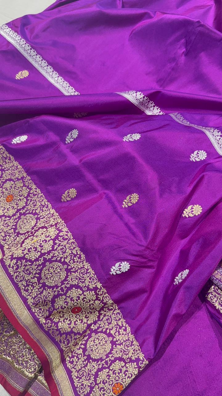 Purple-Red Dual Tone Pure Banarasi Silk Saree with Floral Sona Rupa Buttas on Bottom and Kaduwa Meenakari  Border| SILK MARK CERTIFIED