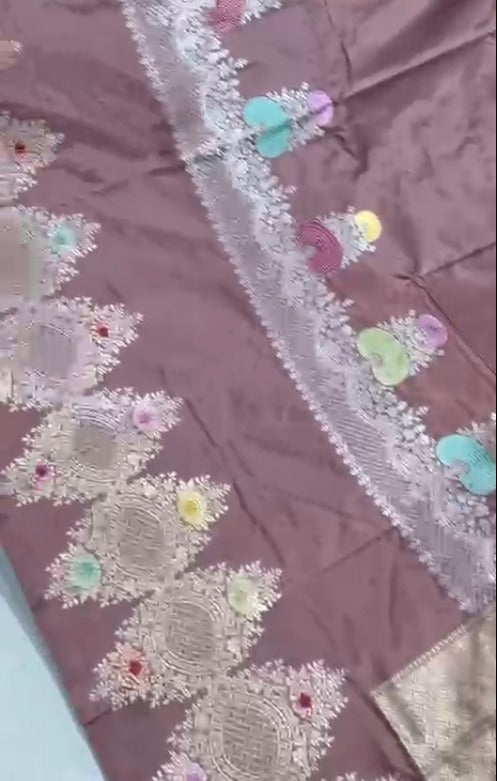 Dusky Mauve Banarasi Pure Katan Silk Saree with Meenakari Floral Skirt Border Border | SILK MARK CERTIFIED