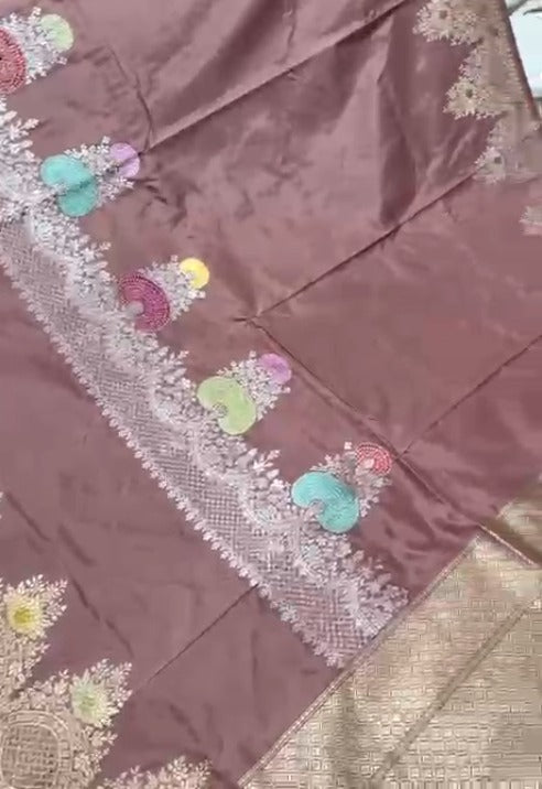 Dusky Mauve Banarasi Pure Katan Silk Saree with Meenakari Floral Skirt Border Border | SILK MARK CERTIFIED