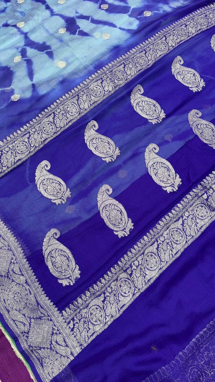 Blue Banarasi Shibori Chiffon Silk Saree with Silver Tone Zari Buttas and Rich Zari Border| SILK MARK CERTIFIED