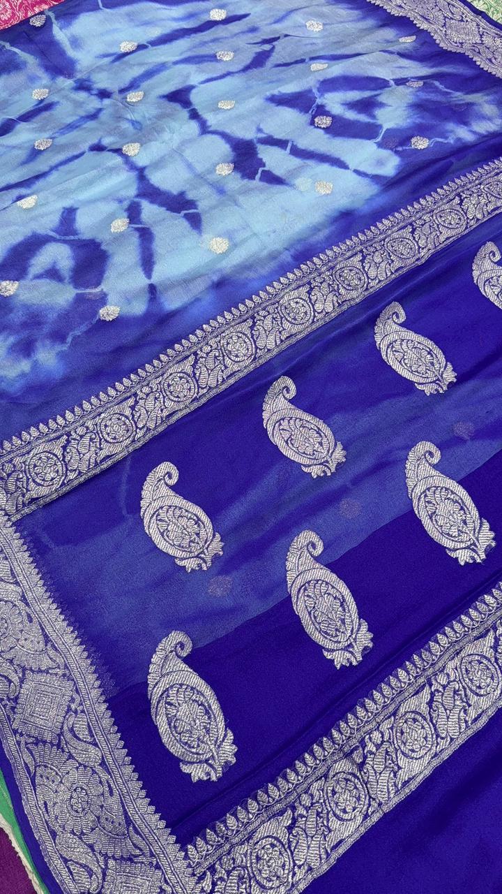 Blue Banarasi Shibori Chiffon Silk Saree with Silver Tone Zari Buttas and Rich Zari Border| SILK MARK CERTIFIED